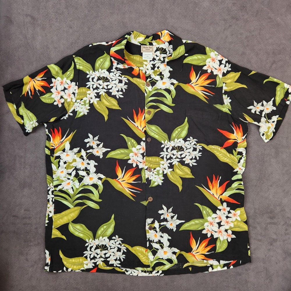 Aloha Hut Hawaii Shirt Mens‎ 2X Black Hawaiian Floral Bird of Paradise Rayon